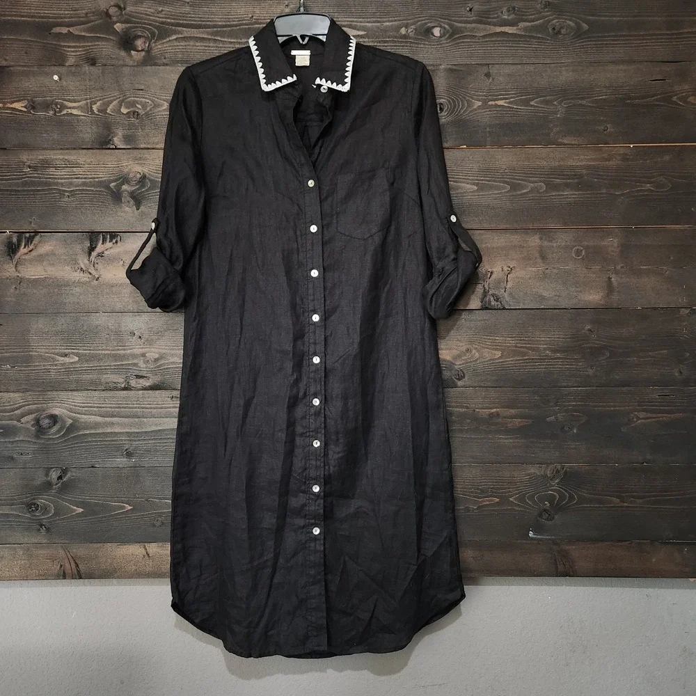 Magaschoni 100% Linen Maxi Shirt Dress Small Black Long Sleeve Resort Tab Sleeve
